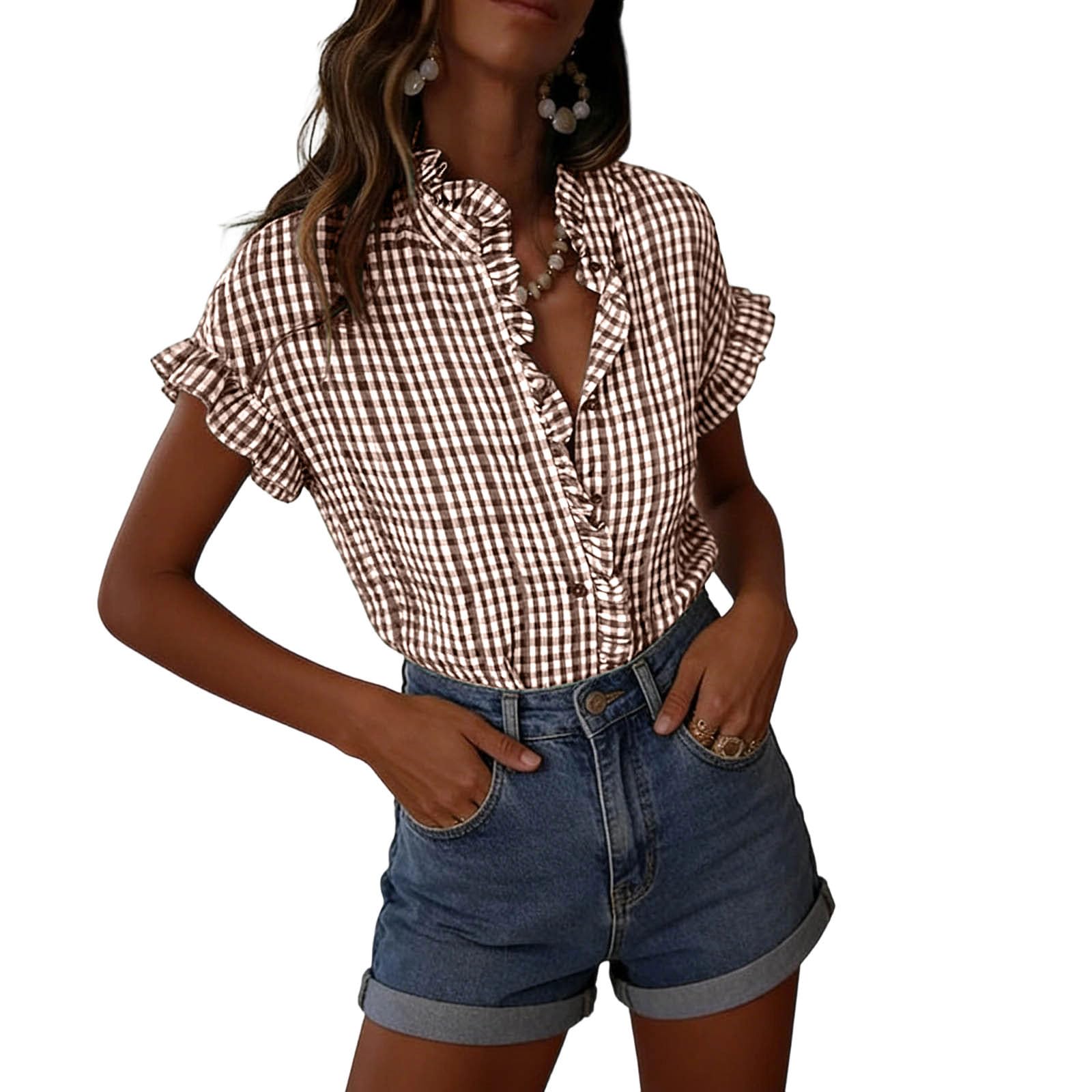Women's Ruffled V Neck Gingham Short Sleeve Button Down Blouse